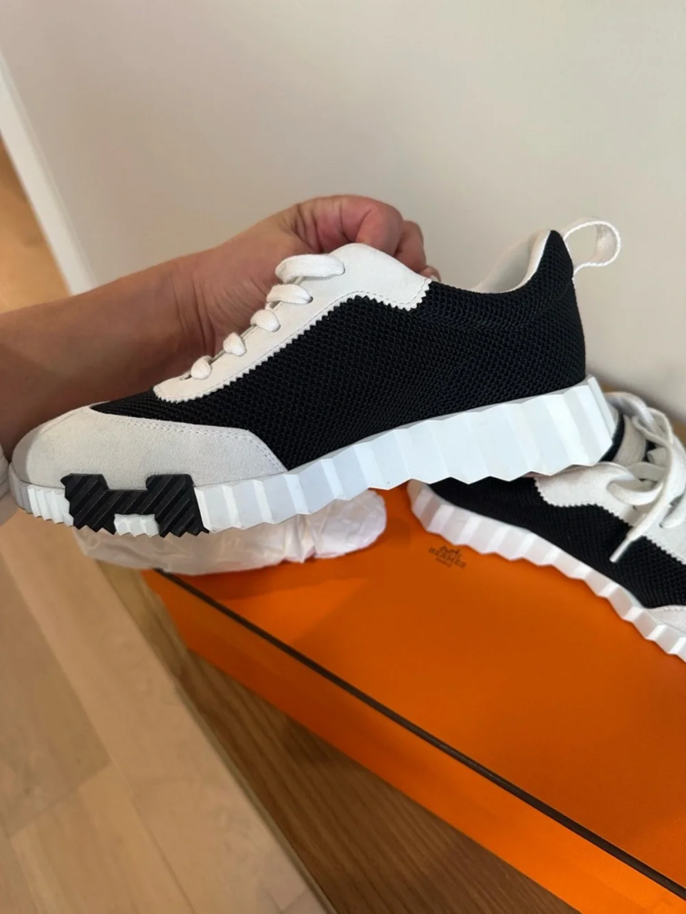 Authentic Hermes Bouncing Sneaker Black, White & Orange Platform - Picture 3 of 15